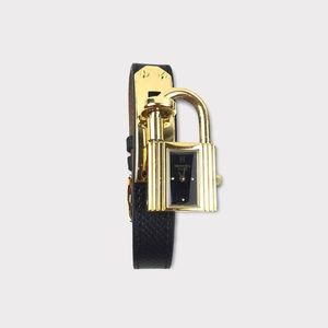 HERMES Black Epsom Leather Yellow-Gold Plated Kelly Watch W/ Black Dial
